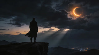 Christan man who is a watcher, watch a solar eclipse, over a town, observing and decerning the times