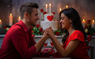 Husband and Wife wearing red clothing, at a romantic Valentine's Day Dinner with hearts and lighted candles, ShellMiddy.com