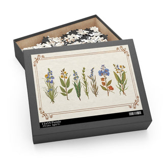 Botanical flower-and-herb puzzle with a cream background and decorative border; open box with puzzle artwork on the lid.