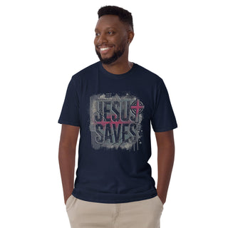 Jesus Saves Grunge T-shirt with distressed lettering and a small red cross; navy, smiling model.