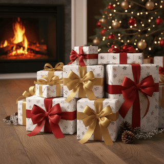 In Excelsis Deo botanical wrapping paper with greenery on a pale background, wrapped gifts beside a Christmas tree and fireplace.