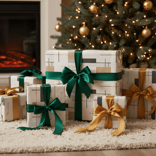 In Excelsis Deo neutral geometric wrapping paper, wrapped gifts with green and gold ribbon.