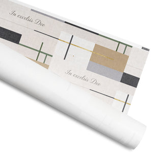 In Excelsis Deo neutral geometric wrapping paper, curled corner showing white reverse.