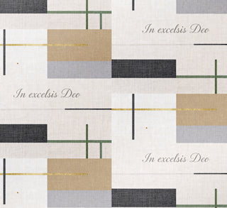 A repeating abstract geometric pattern with blocks of beige, gray, and charcoal, thin green lines, and the phrase 'In excelsis Deo' in script on a light background.