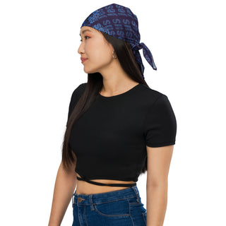 Jesus Microtype bandana worn over hair, side view.