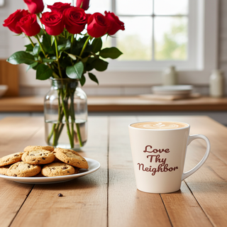 Cream-colored Love Thy Neighbor latte mug with burgundy script, on a kitchen table with roses and cookies.