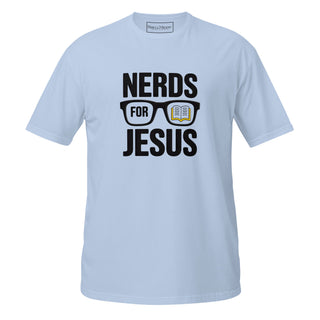 A light blue short-sleeve t-shirt with a graphic on the front that reads 'NERDS FOR JESUS' in black text, featuring a pair of glasses with an open Bible inside one lens.