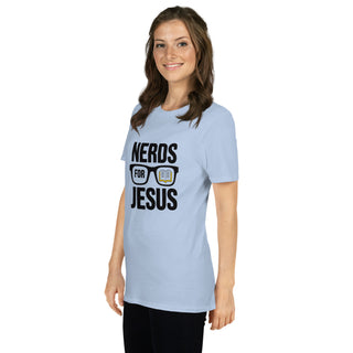 Woman wearing a light blue t-shirt with a Nerds for Jesus graphic design on a white background