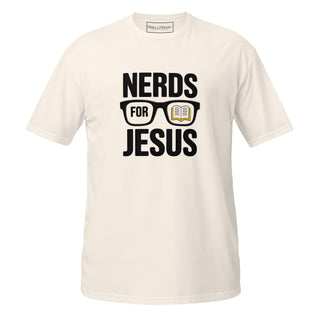 An off-white short-sleeve t-shirt with a graphic on the front that reads 'NERDS FOR JESUS' in bold black letters, featuring a pair of glasses with an open Bible inside one lens.