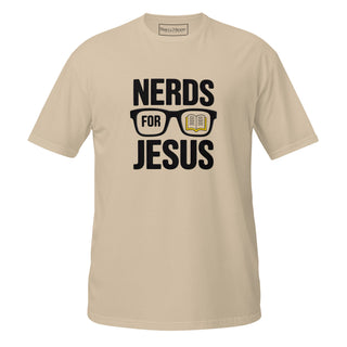 A beige crewneck t-shirt with a graphic print on the front that reads 'NERDS FOR JESUS' in black text, featuring a pair of glasses with an open Bible inside one lens.