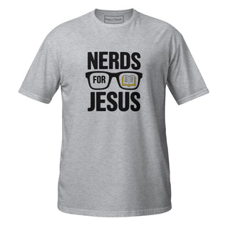A heather gray short-sleeve t-shirt with a graphic on the front that reads 'NERDS FOR JESUS' in black text, featuring a pair of glasses with an open book inside.