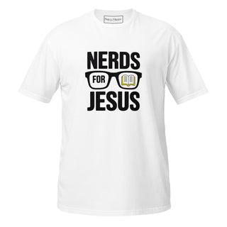A white short-sleeve crewneck t-shirt with a black graphic print on the front that reads 'NERDS FOR JESUS' with a pair of glasses containing an open book.