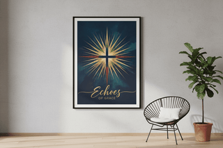 Echoes of Grace – Museum-Quality Christian Art Poster christian home styling, christian poster, echoes of grace poster, faith wall decor, gold cross artwork, poster, radiant cross art, religious gifts, scripture inspired art ShellMiddy Posters, Prints, & Visual Artwork A minimalist interior scene featuring a framed poster hanging on a smooth concrete or neutral-colored wall. The poster design is front-facing, crisp, and well-lit—faith-inspired or artistic, with rich colors and clear typography. 