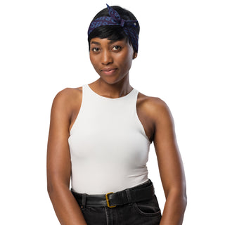 Woman wearing Jesus Microtype Bandana as headband - Christian fashion accessory by ShellMiddy