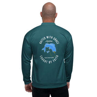 Back view of deep teal Baited with Grace unisex bomber jacket with large blue fish and white faith lettering