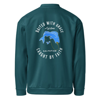 Back view of deep teal Baited with Grace unisex bomber jacket with large blue fish and white faith lettering