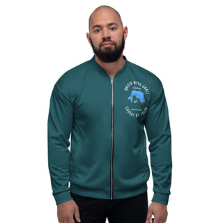 Front view of deep teal Baited with Grace unisex bomber jacket with left-chest fish artwork and full silver zipper