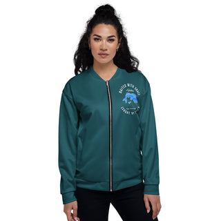 Front view of deep teal Baited with Grace unisex bomber jacket with left-chest fish artwork and full silver zipper