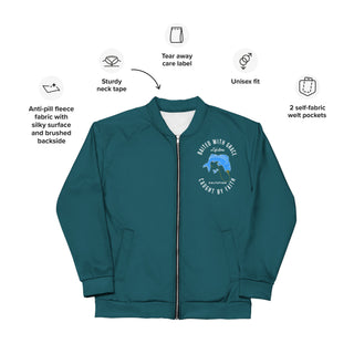 Front view of deep teal Baited with Grace unisex bomber jacket with left-chest fish artwork and full silver zipper