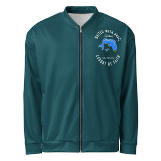 Front view of deep teal Baited with Grace unisex bomber jacket with left-chest fish artwork and full silver zipper