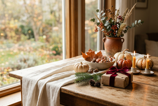 Autumn and Thanksgiving hero image with a subtle Christmas gift and evergreen accent