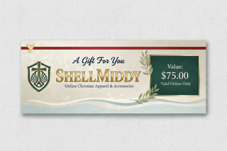 ShellMiddy Gift-Card 🎁 Christian apparel gift card, Christian gift card, Christmas gift card, digital gift card, encouragement gift card, faith-based gift card, Gift Card, holiday gift card, inspirational gifts, last-minute gift ideas, online gift card USA, ShellMiddy e-gift card, ShellMiddy gift card, spiritual gifts ShellMiddy Gift Cards Design a premium ShellMiddy E-Gift Card featuring the word, ShellMIddy, in Engravers Roman BT. Create a clean, elegant, luxury layout, brand color palette: b
