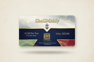 ShellMiddy Gift-Card 🎁 Christian apparel gift card, Christian gift card, Christmas gift card, digital gift card, encouragement gift card, faith-based gift card, Gift Card, holiday gift card, inspirational gifts, last-minute gift ideas, online gift card USA, ShellMiddy e-gift card, ShellMiddy gift card, spiritual gifts ShellMiddy Gift Cards Design a premium ShellMiddy E-Gift Card featuring the word, ShellMIddy, in Engravers Roman BT. Create a clean, elegant, luxury layout, brand color palette: b