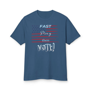 Front of faded navy Fast Pray Then Vote T-shirt with distressed American flag and “FAST Pray then VOTE!” lettering.