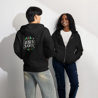Jesus Saves™ Christmas Wreath Zip Hoodie — Christian Holiday Hoodie christian christmas, christian gifts, christmas hoodie, christmas wreath hoodie, faith hoodie, gospel apparel, holiday hoodie, hoodie, inspirational hoodie, jesus saves, shellmiddy, winter apparel, zip hoodie ShellMiddy Hoodie Product mockup