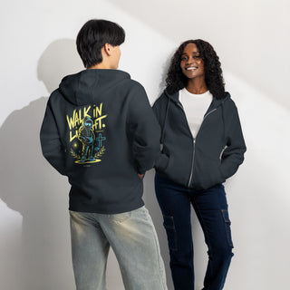 Walk in Light™ Psalm 27:1 Zip Hoodie — Christian Streetwear christian hoodie, christian streetwear, christian zip jacket, faith apparel, Hoodie, hoodie with bible verse, neon christian art, psalm 27:1, shellmiddy exclusive, walk in light, youth ministry merch, zip hoodie ShellMiddy Hoodie Product mockup