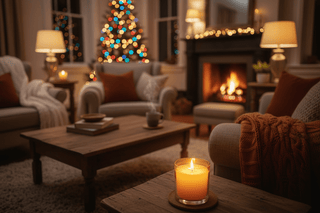 Maybe a candle, tree blur, or a cozy living room scene