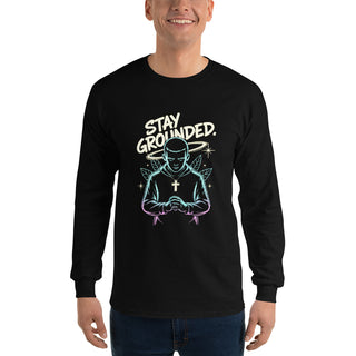 Stay Grounded™ Praying Warrior Long Sleeve Shirt — Christian Streetwear christian long sleeve, christian streetwear, faith apparel, Men, men’s christian shirt, neon christian art, prayer shirt, praying warrior shirt, shellmiddy exclusive, spiritual discipline shirt, stay grounded ShellMiddy Shirts & Tops Product mockup