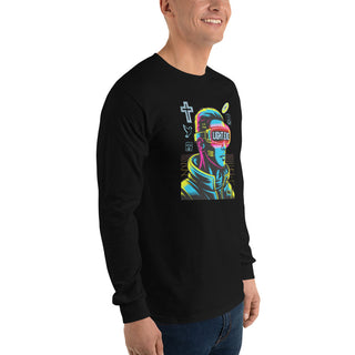 LIGHT.EXE™ Cyber Long Sleeve Shirt — Christian Streetwear bold christian shirt, christian streetwear, cyber gospel, faith graphic long sleeve, futuristic christian apparel, light.exe, men’s christian fashion, neon christian shirt, shellmiddy exclusive, unisex, youth ministry apparel ShellMiddy Shirts & Tops Product mockup