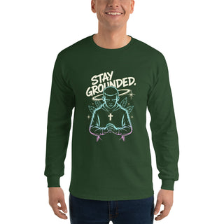 Stay Grounded™ Praying Warrior Long Sleeve Shirt — Christian Streetwear christian long sleeve, christian streetwear, faith apparel, Men, men’s christian shirt, neon christian art, prayer shirt, praying warrior shirt, shellmiddy exclusive, spiritual discipline shirt, stay grounded ShellMiddy Shirts & Tops Product mockup