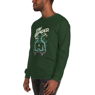 Stay Grounded™ Praying Warrior Long Sleeve Shirt — Christian Streetwear christian long sleeve, christian streetwear, faith apparel, Men, men’s christian shirt, neon christian art, prayer shirt, praying warrior shirt, shellmiddy exclusive, spiritual discipline shirt, stay grounded ShellMiddy Shirts & Tops Product mockup