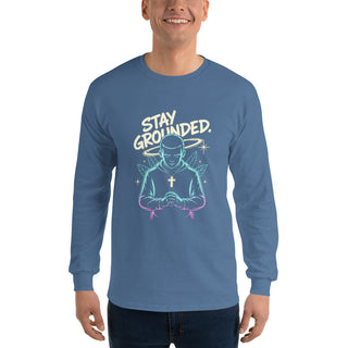 Stay Grounded™ Praying Warrior Long Sleeve Shirt — Christian Streetwear christian long sleeve, christian streetwear, faith apparel, Men, men’s christian shirt, neon christian art, prayer shirt, praying warrior shirt, shellmiddy exclusive, spiritual discipline shirt, stay grounded ShellMiddy Shirts & Tops Product mockup