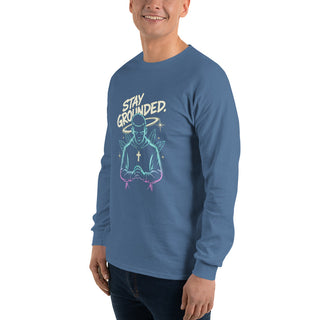 Stay Grounded™ Praying Warrior Long Sleeve Shirt — Christian Streetwear christian long sleeve, christian streetwear, faith apparel, Men, men’s christian shirt, neon christian art, prayer shirt, praying warrior shirt, shellmiddy exclusive, spiritual discipline shirt, stay grounded ShellMiddy Shirts & Tops Product mockup