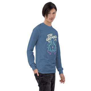 Stay Grounded™ Praying Warrior Long Sleeve Shirt — Christian Streetwear christian long sleeve, christian streetwear, faith apparel, Men, men’s christian shirt, neon christian art, prayer shirt, praying warrior shirt, shellmiddy exclusive, spiritual discipline shirt, stay grounded ShellMiddy Shirts & Tops Product mockup