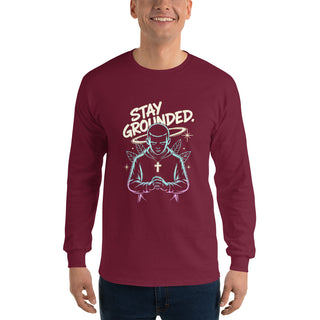 Stay Grounded™ Praying Warrior Long Sleeve Shirt — Christian Streetwear christian long sleeve, christian streetwear, faith apparel, Men, men’s christian shirt, neon christian art, prayer shirt, praying warrior shirt, shellmiddy exclusive, spiritual discipline shirt, stay grounded ShellMiddy Shirts & Tops Product mockup