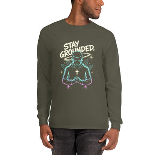 Stay Grounded™ Praying Warrior Long Sleeve Shirt — Christian Streetwear christian long sleeve, christian streetwear, faith apparel, Men, men’s christian shirt, neon christian art, prayer shirt, praying warrior shirt, shellmiddy exclusive, spiritual discipline shirt, stay grounded ShellMiddy Shirts & Tops Product mockup