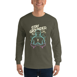 Stay Grounded™ Praying Warrior Long Sleeve Shirt — Christian Streetwear christian long sleeve, christian streetwear, faith apparel, Men, men’s christian shirt, neon christian art, prayer shirt, praying warrior shirt, shellmiddy exclusive, spiritual discipline shirt, stay grounded ShellMiddy Shirts & Tops Product mockup