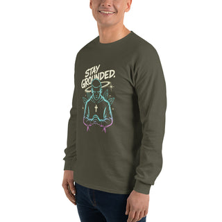 Stay Grounded™ Praying Warrior Long Sleeve Shirt — Christian Streetwear christian long sleeve, christian streetwear, faith apparel, Men, men’s christian shirt, neon christian art, prayer shirt, praying warrior shirt, shellmiddy exclusive, spiritual discipline shirt, stay grounded ShellMiddy Shirts & Tops Product mockup