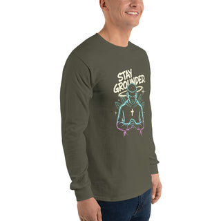 Stay Grounded™ Praying Warrior Long Sleeve Shirt — Christian Streetwear christian long sleeve, christian streetwear, faith apparel, Men, men’s christian shirt, neon christian art, prayer shirt, praying warrior shirt, shellmiddy exclusive, spiritual discipline shirt, stay grounded ShellMiddy Shirts & Tops Product mockup