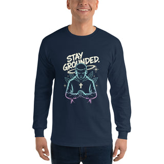 Stay Grounded™ Praying Warrior Long Sleeve Shirt — Christian Streetwear christian long sleeve, christian streetwear, faith apparel, Men, men’s christian shirt, neon christian art, prayer shirt, praying warrior shirt, shellmiddy exclusive, spiritual discipline shirt, stay grounded ShellMiddy Shirts & Tops Product mockup