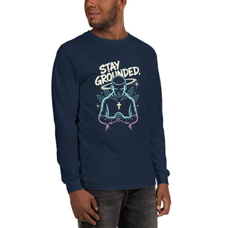 Stay Grounded™ Praying Warrior Long Sleeve Shirt — Christian Streetwear christian long sleeve, christian streetwear, faith apparel, Men, men’s christian shirt, neon christian art, prayer shirt, praying warrior shirt, shellmiddy exclusive, spiritual discipline shirt, stay grounded ShellMiddy Shirts & Tops Product mockup