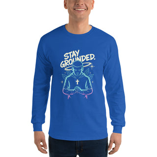 Stay Grounded™ Praying Warrior Long Sleeve Shirt — Christian Streetwear christian long sleeve, christian streetwear, faith apparel, Men, men’s christian shirt, neon christian art, prayer shirt, praying warrior shirt, shellmiddy exclusive, spiritual discipline shirt, stay grounded ShellMiddy Shirts & Tops Product mockup