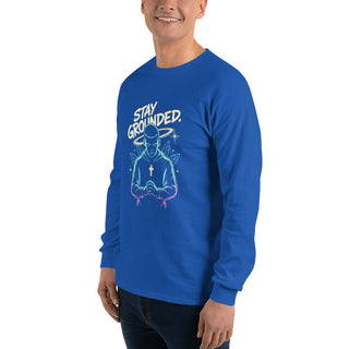 Stay Grounded™ Praying Warrior Long Sleeve Shirt — Christian Streetwear christian long sleeve, christian streetwear, faith apparel, Men, men’s christian shirt, neon christian art, prayer shirt, praying warrior shirt, shellmiddy exclusive, spiritual discipline shirt, stay grounded ShellMiddy Shirts & Tops Product mockup