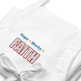 Hope + Works = Faith embroidered apron; white embroidery close-up.