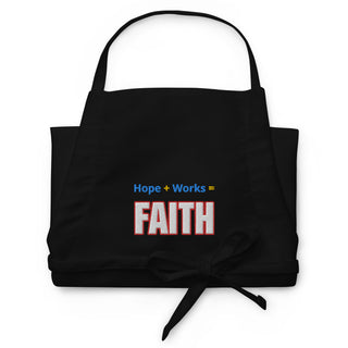 Hope + Works = Faith embroidered apron; black apron folded.