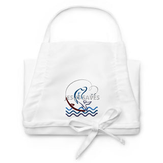 Jesus Saves embroidered apron with waves and a small boat design; white apron folded.